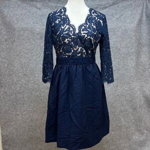 Navy Lace & Satin Midi Dress - Elegant V-Neck